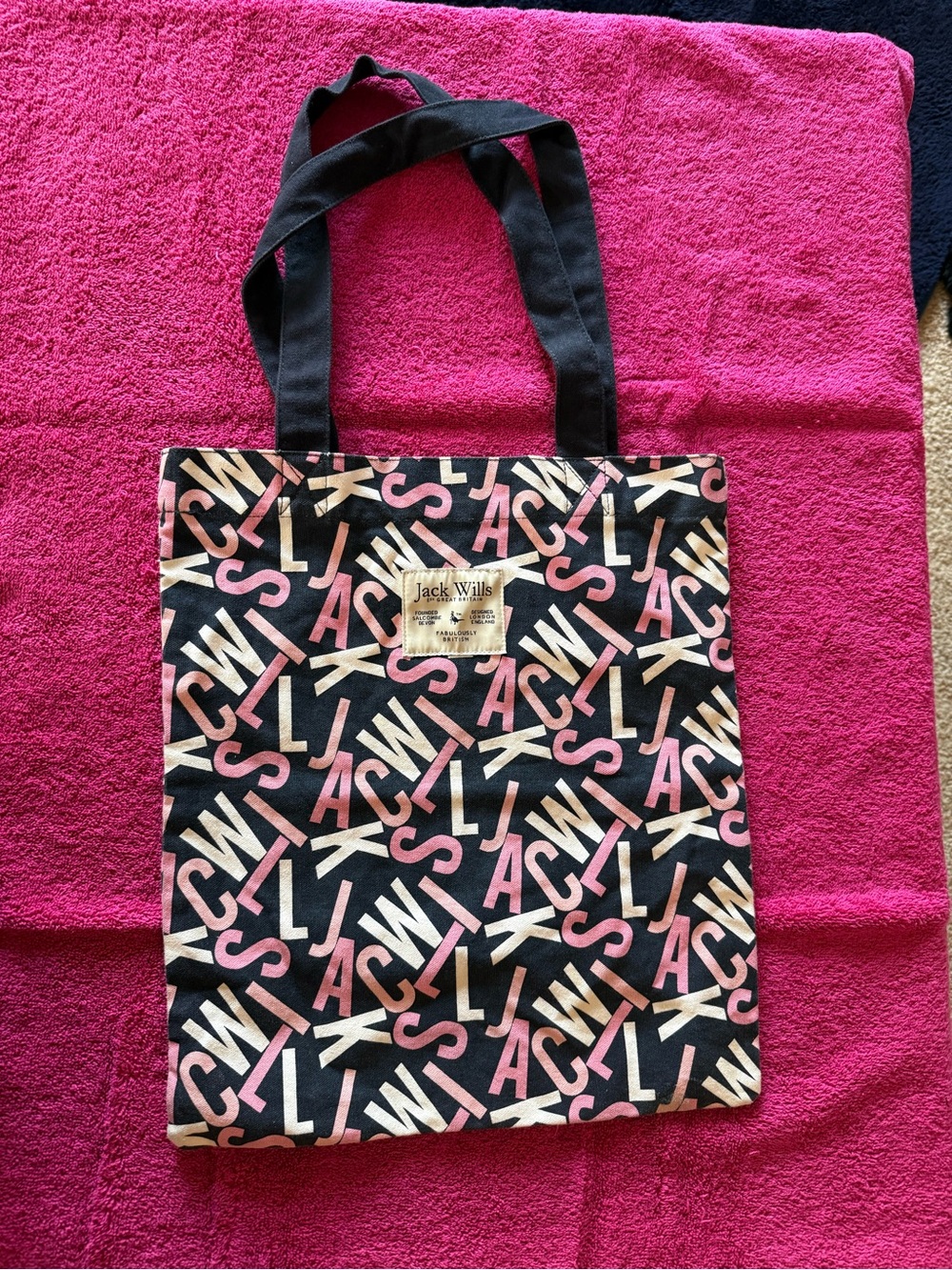 Jack Wills Black Tote with Pink and Cream Logo Pattern